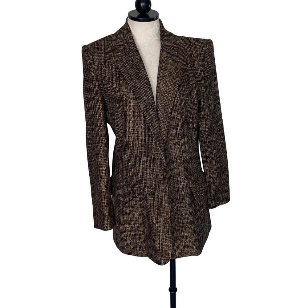 Cache Vintage Womens Blazer Size Medium Brown Woven Metallic Pure Silk